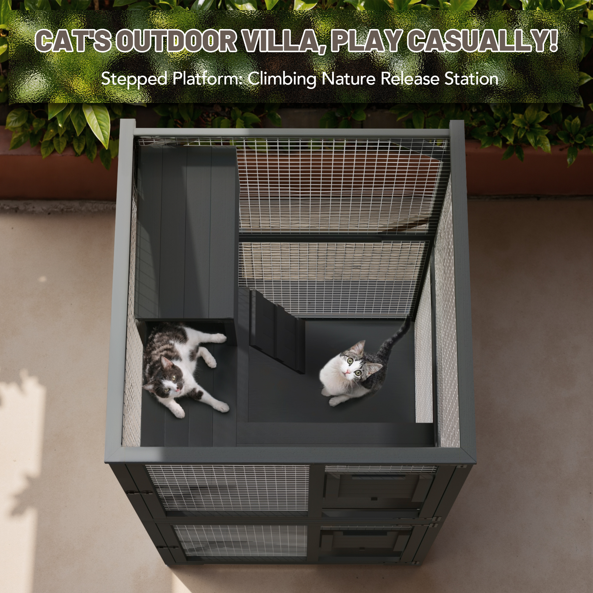 Furmax Outdoor Cat Catio Large Wooden Cat House Patio for Indoor Cats Feral Cat Shelter with 2 Espace Doors, 1 Resting Rooms, 3 Platforms, Waterproof roof