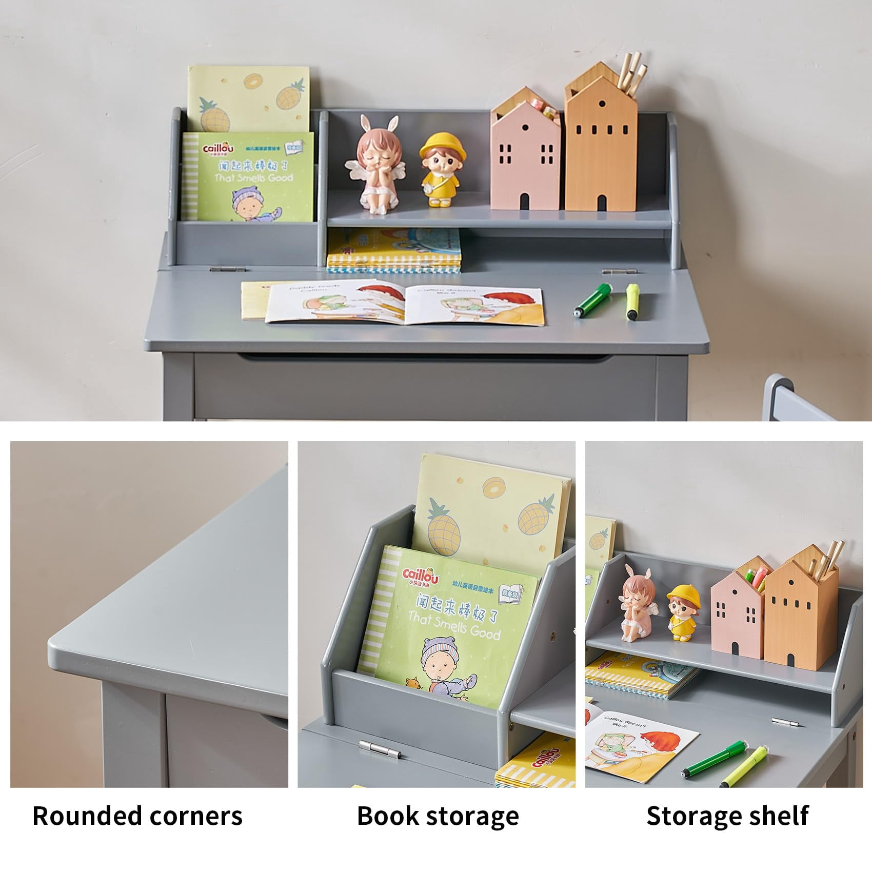 UNICOO® Bamboo Toddler Desk and Chair Set, Lift-Top Desk & Chair Set for 3-8 Years Old Toddlers, Children Writing Desk with Storage and Hutch for Home School Use (C007 - Grey)