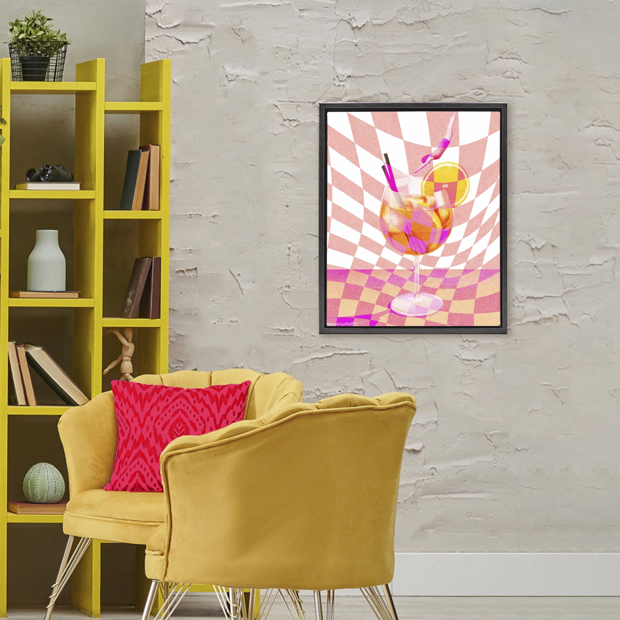 Retro Checkered Summer Cocktail Black Framed Floater Canvas Wall Art, design by Lil' Rue