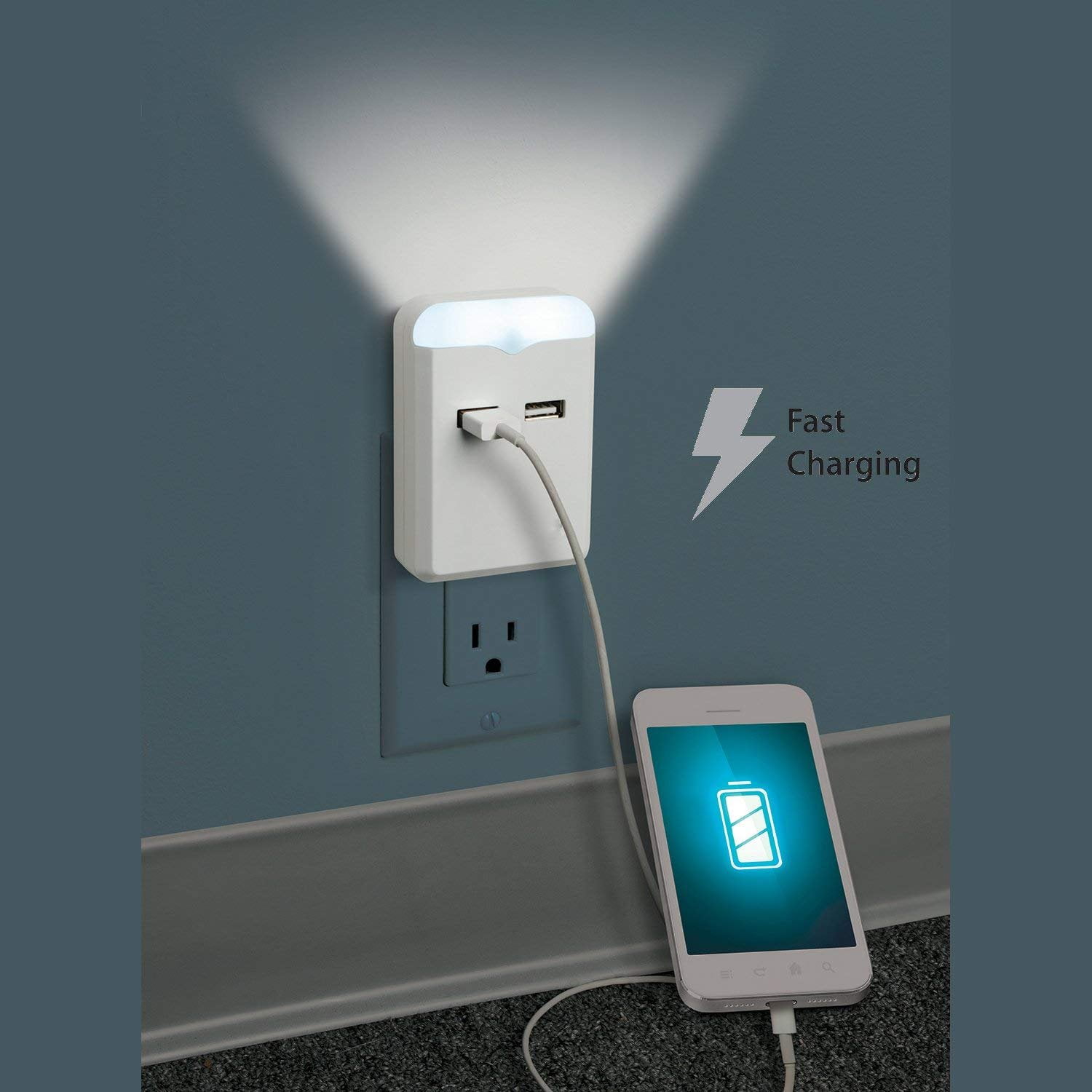 Wall Plug LED Light 2 USB Charger Outlet Port Night Smartphone Wall