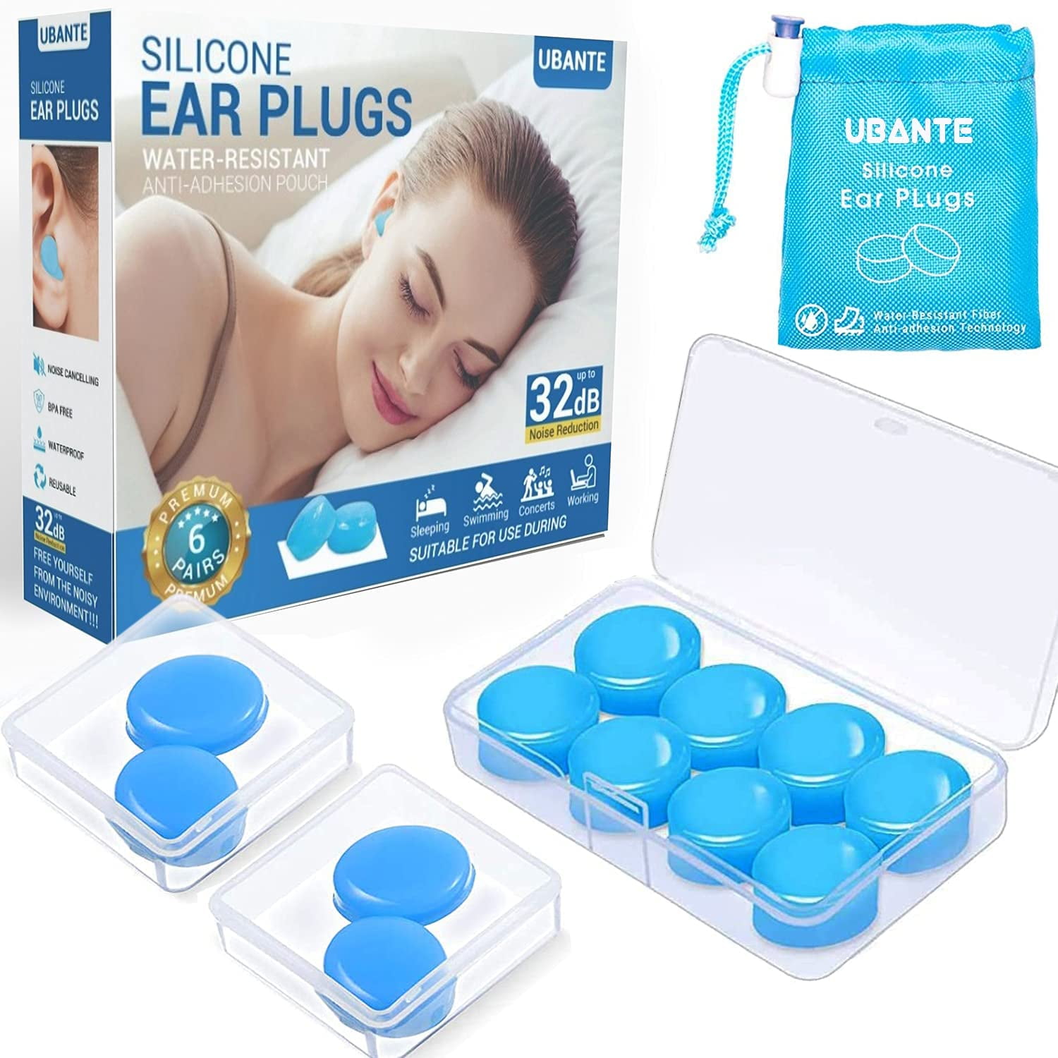 Ear Plugs for Sleeping Swimming, 6 Pair Reusable Silicone Moldable