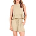 thumbnail image 2 of FOCUSNORM Women's Summer Shorts 2Pcs Suit Solid Color Ruffle Crop Top Tanks + Elastic Waist Drawstring Shorts Outfits, 2 of 8