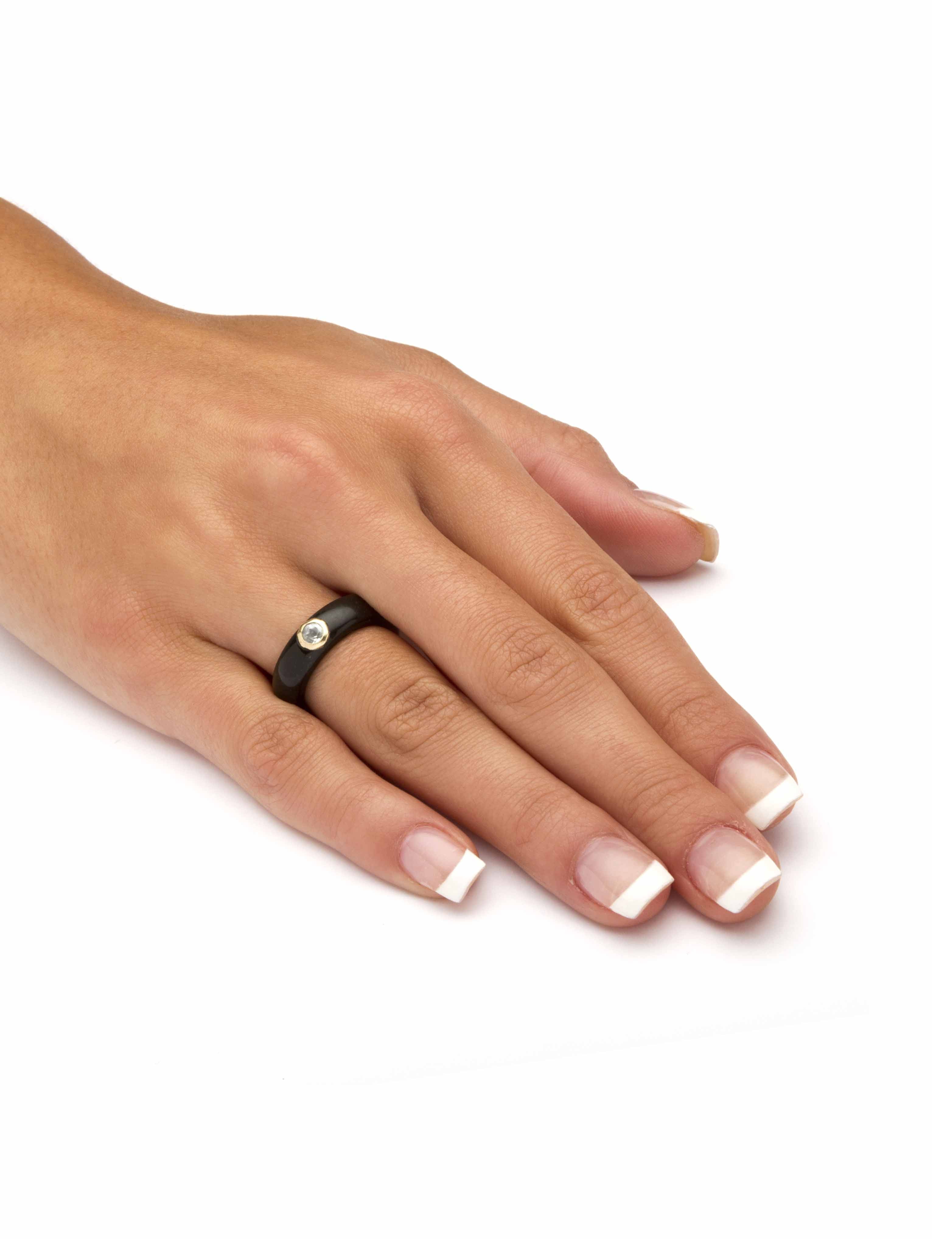 PalmBeach Jewelry Genuine Black or Red or Green Jade with White Topaz or Red Garnet or Green Peridot Accen 10k Yellow Gold Band Ring