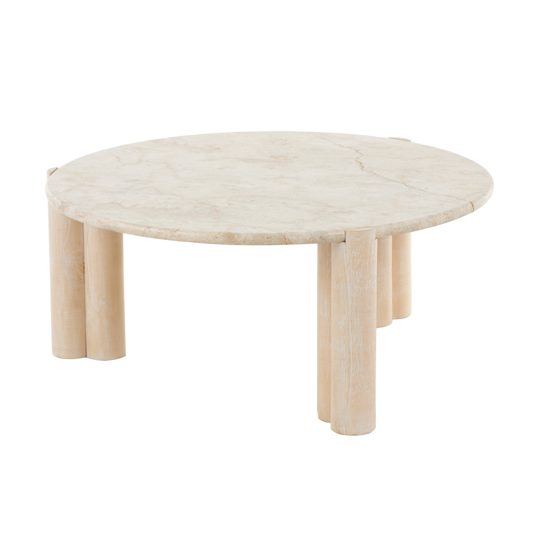 DecMode 35" x 15" Cream Teak Wood Handmade Coffee Table with Beige Marble Tabletop, 1-Piece