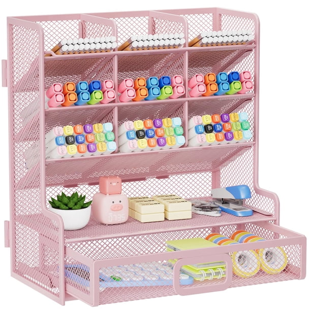 Organizador de escritorio Marbrasse, tamaño grande, malla y cajón, color rosa