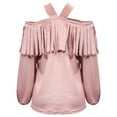 thumbnail image 5 of Women's Halter Off Shoulder Velvet Blouses Tassel Tringe Trim Lantern Long Sleeve Loose Fit 2024 Fall T-Shirt Tops, 5 of 5
