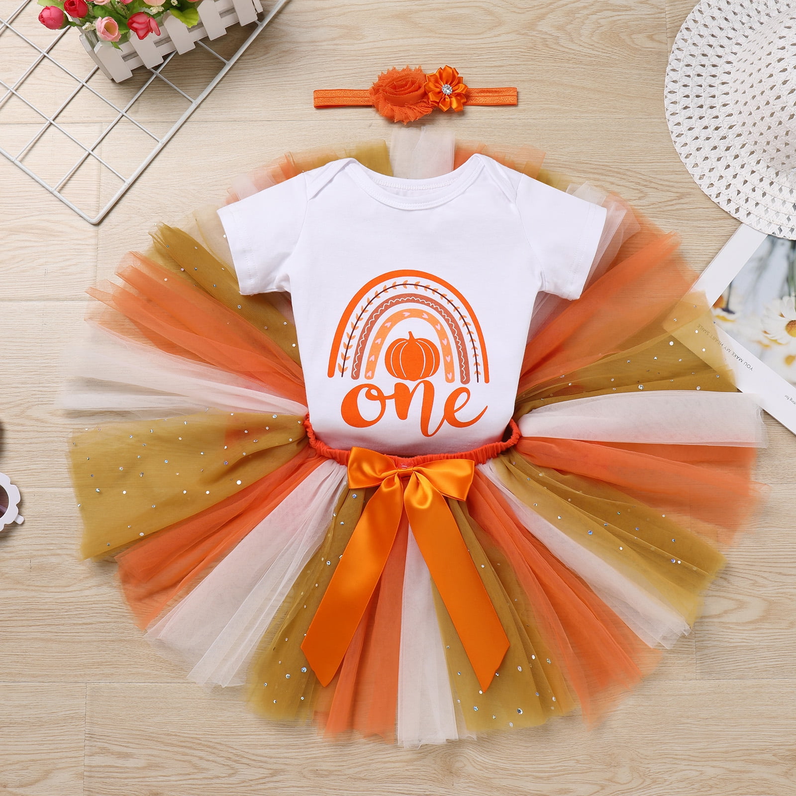 IBTOM CASTLE Toddler Baby Girls Pumpkin 1st Birthday Outfit Halloween Princess Romper + Tutu Skirt + Headband Clothes Set for Cake Smash Photo Shoot 12-18 Months Rainbow Pumpkin One