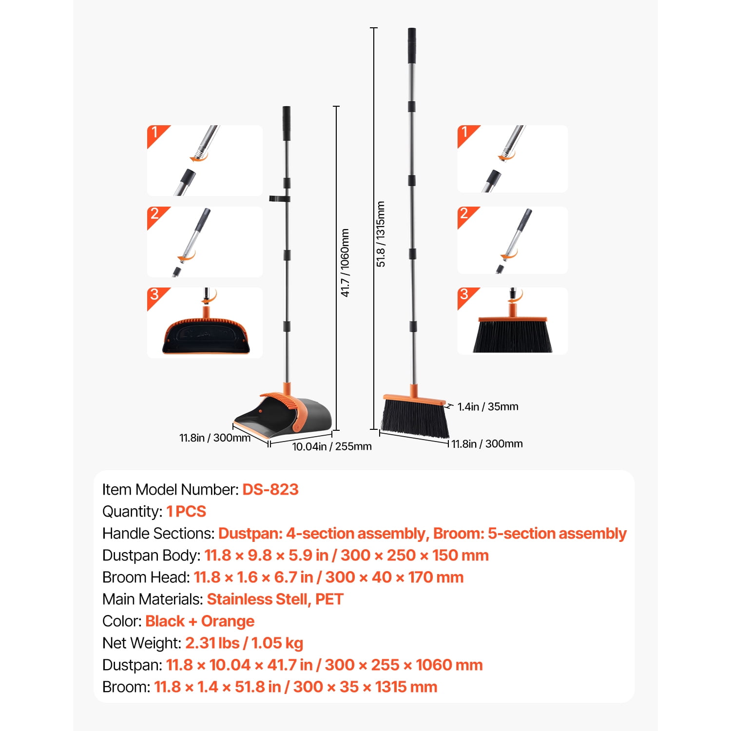 KFFKFF Broom and Dustpan Set, Durable Combo with Self-Cleaning Teeth, Upright Standing Dustpan with Long Metal Handle, Suitable for Home, Office, Restaurant, Dorm, Black and Orange