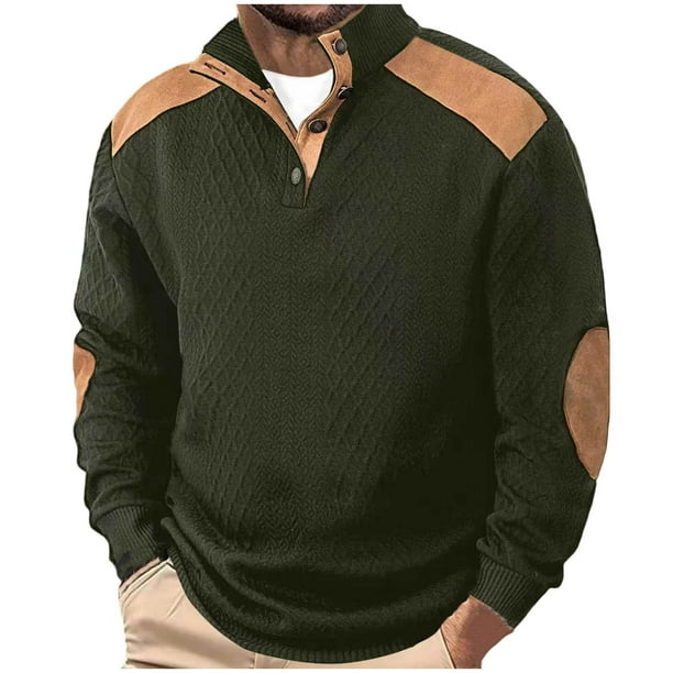 Kalauyu Mens Warm Sweatshirt Casual Textured Stand Collar Quarter Fall Metal Button Pullover Sweaters Long Sleeve with Pockets