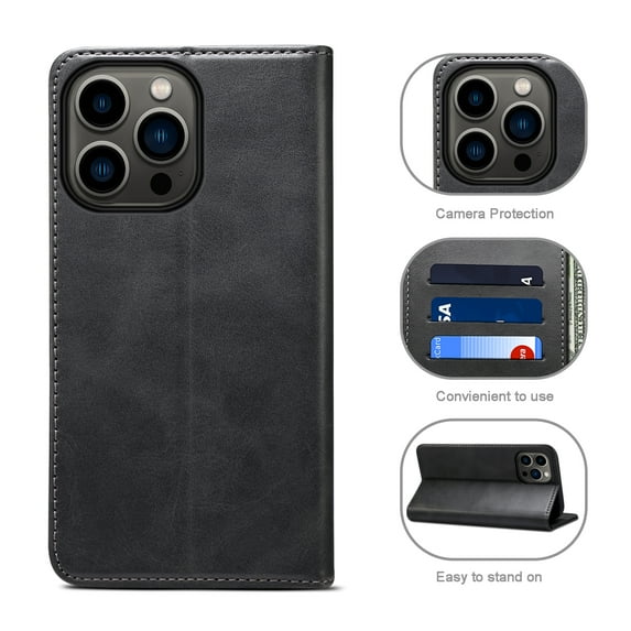 Nalacover Wallet Case for iPhone 14 Pro Max, Premium PU Leather + Soft Silicone Magnetic Closure Flip Folio Cover with Credit Card Slots Holder Kickstand Anti-Scratches Shockproof Case, Black
