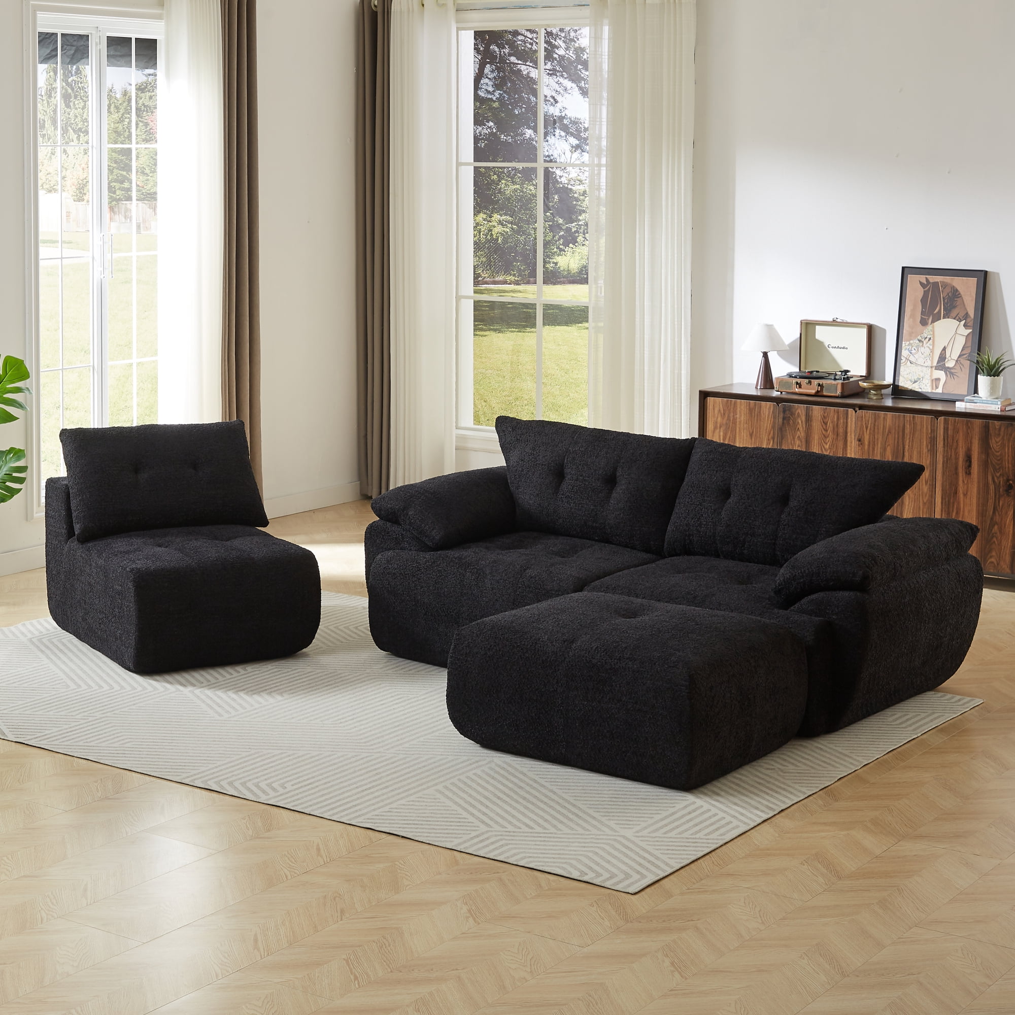 Leumius 115" Modern 3-Seater Sofa, Chenille Sofa with Upholstered Backrest, Curved Horn Backrest for Living Room, Bedroom, Apartment, Office,Black
