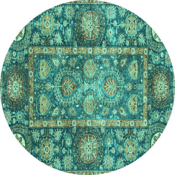 Ahgly Company Machine Washable Indoor Round Oriental Turquoise Blue Traditional Area Rugs, 4' Round
