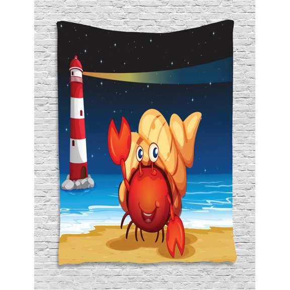Crabs Tapestry, Illustration of Marine Creature Under a Shell at the Beach at Night with a Lighthouse, Wall Hanging for Bedroom Living Room Dorm Decor, 40W X 60L Inches, Multicolor, by Ambesonne