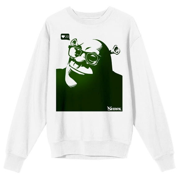 Shrek Monochromatic Ogre With Glasses Crew Neck Long Sleeve White Adult Sweatshirt 
-Medium