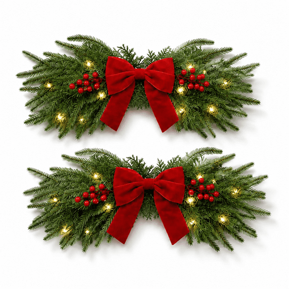 21.7 Inch Pre-lit Artificial Pine Christmas Swags with Red Bows, 2-Pack