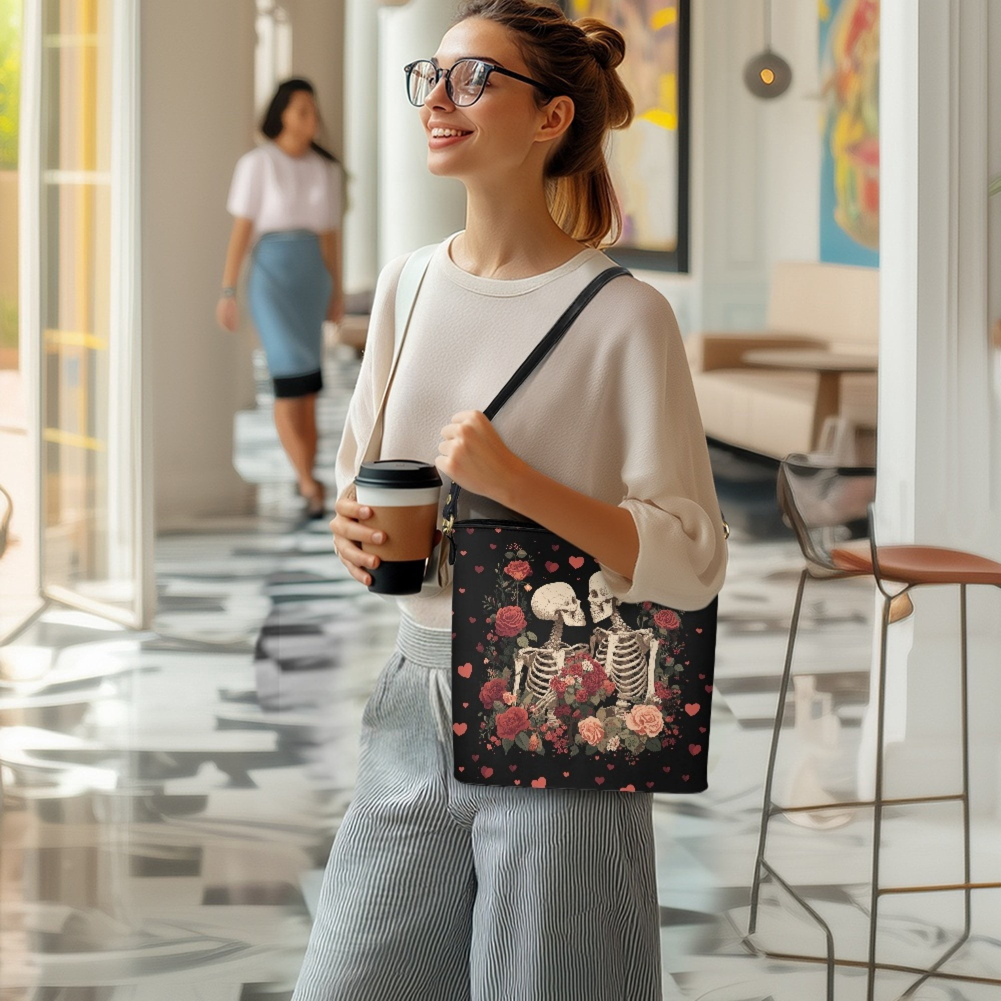 Kuiaobaty Skeleton Rose Print Bucket Bag for Women Lightweight Leather Shoulder Handbag with Adjustable Strap Roomy Casual Hobo Satchel Purse for Valentine's Day Black