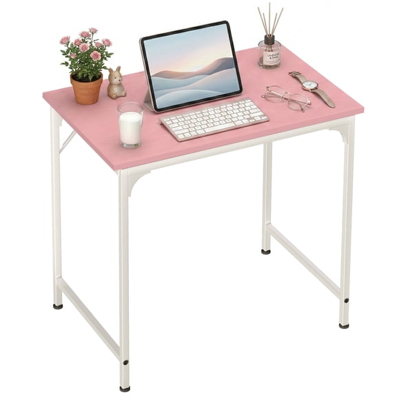 32 inch Computer Desk, Study Writing Table for Small Space, Save Space Office Desk with Metal Legs, Modern Steel Frame Wood PC Workstation for Home Office, Pink