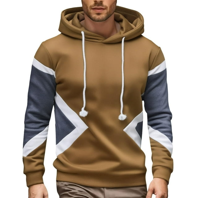 Men Color Block Hooded Sweatshirt Lined Long Sleeve Pullover for Everyday Casual Wear Comfort