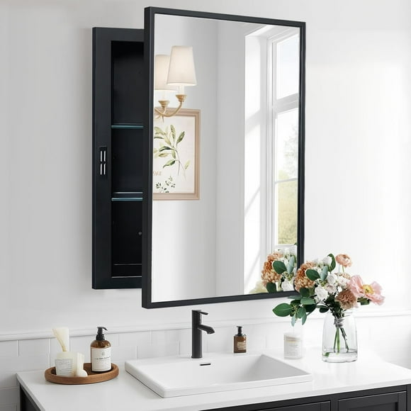 KIMREAL Recessed Medicine Cabinets with Mirror Black Bathroom Mirror with Storage Rectangle Medicine Cabinet Mirror Farmhouse Framed Wall Mirror Recessed or Surface Mount 20x26 Inch