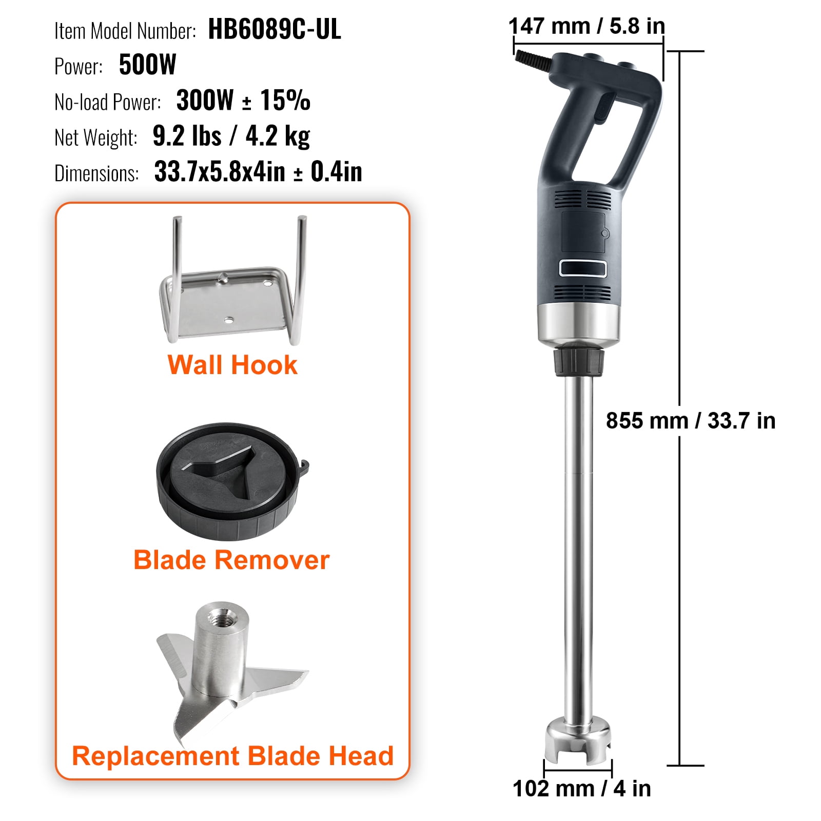 VEVOR Commercial Immersion Blender 500W Power, Hand Held Mixer with 19.7 inch 304 Stainless Steel Removable Shaft, Electric Stick Blender Variable Speed 4000-16000RPM