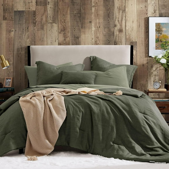 King Comforter Set - 7 Pieces Comforter King Size, Soft Solid Bedding Set for All Season, Textured Bed in a Bag with Sheets, Pillowcases & Shams (Dark Green, 102''x90'')