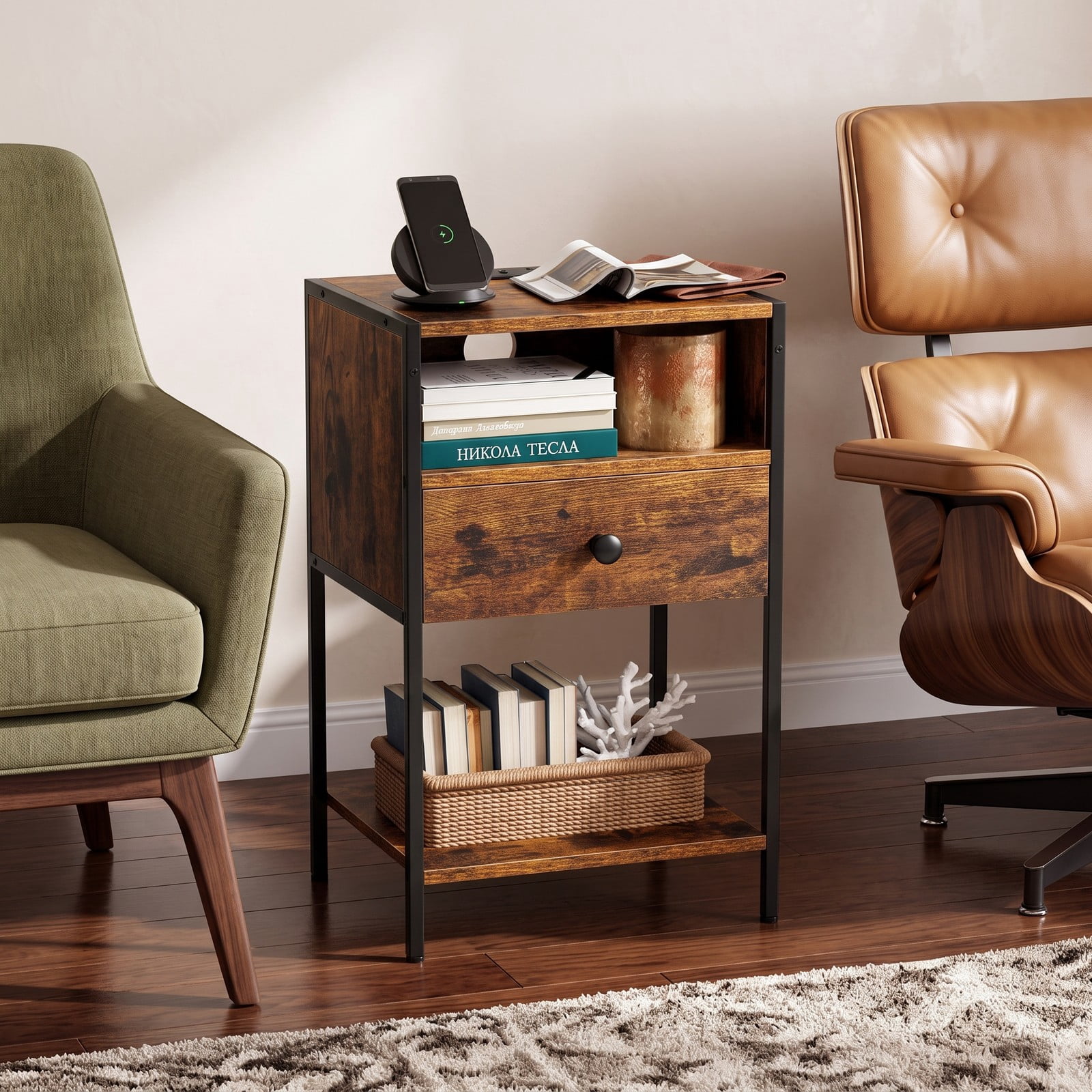 Furnibear Nightstand with Charging Station and USB Type-C Ports plus Drawer and Open Shelf for Bedroom and Living Room, Rustic Brown
