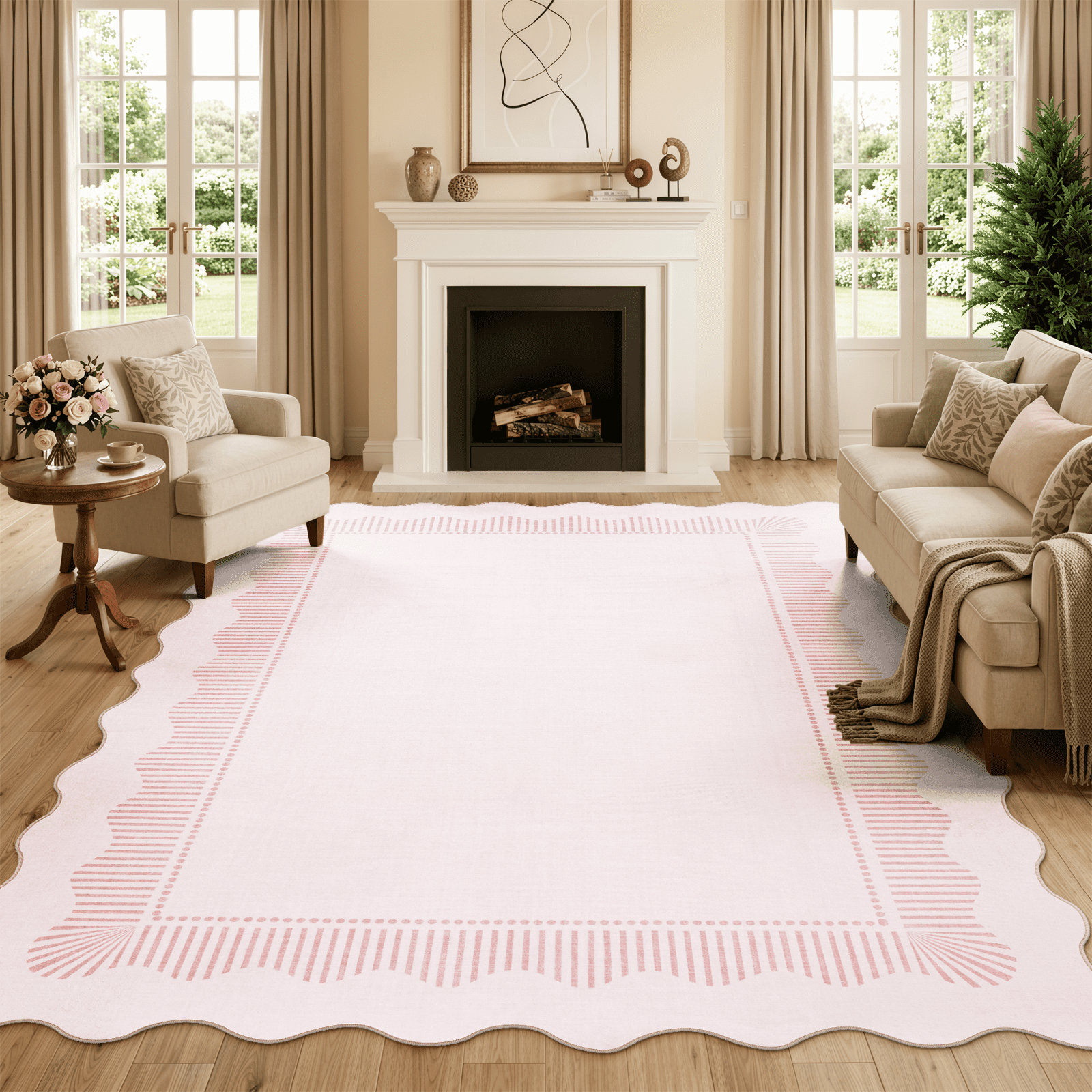 Lahome 8'x10' Scalloped Vintage Rug for Living Room ,Area Rug 8x10ft ,Non Slip Machine Washable Rugs ,Solid Pink Rug Low Pile Boho Rug for Bedroom Dining Room Office Farmhouse