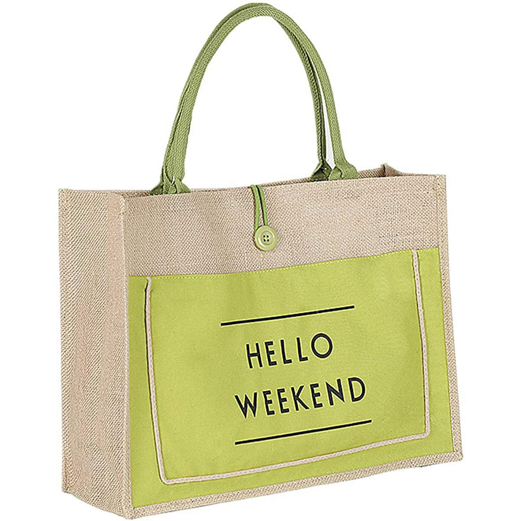 Yundap Reusable Grocery Bag Shopping Tote Cotton Jute Burlap Water Resistant Laminated Inner Lining Great For Beach Green