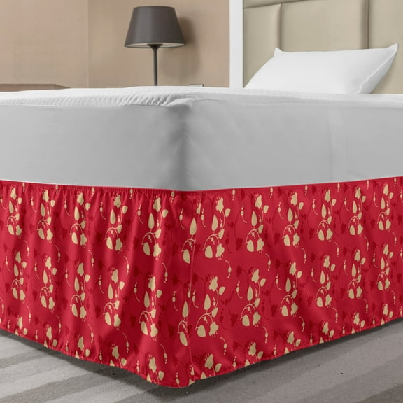 Floral Bed Skirt, Spring Essential Silhouette Style Abstract Wild Flowers and Leaves, Elastic Bedskirt Dust Ruffle Wrap Around for Bedding Decor, 4 Sizes, Dark Coral Vermilion, by Ambesonne