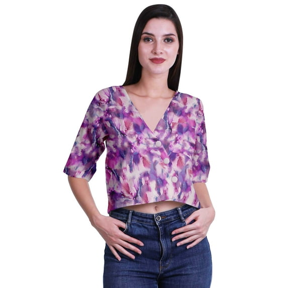 Moomaya Womens Printed Cotton V-neck Crop Top Elbow Sleeve Summer Clothing Boho Blouse