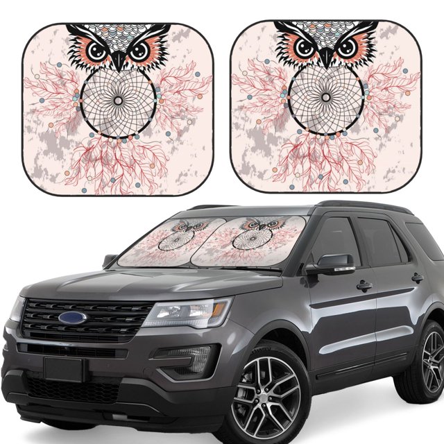 Fotbe Dreamcatcher With Owl Juego de 2 Piezas de Parasoles para Parabrisas | Bloqueador Solar para Auto | Accesorios Plegables para Protección Solar Interior-Small