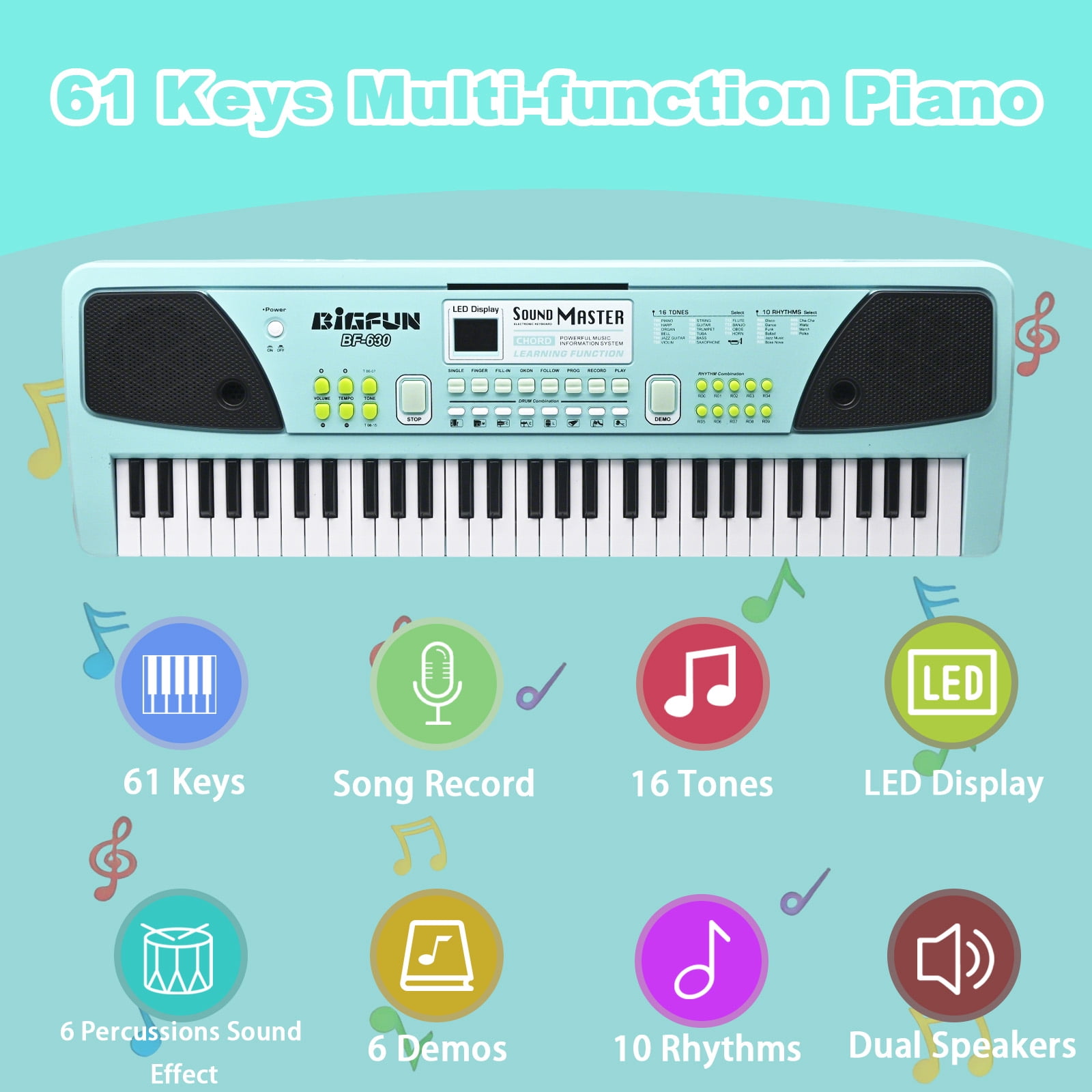 61 Keys Piano Keyboard for Kids, Electronic Keyboard Piano with Built-In Dual Speakers and Microphone, Portable Keyboard Musical Instrument Gift for Boys Girls Beginners Ages 6-12