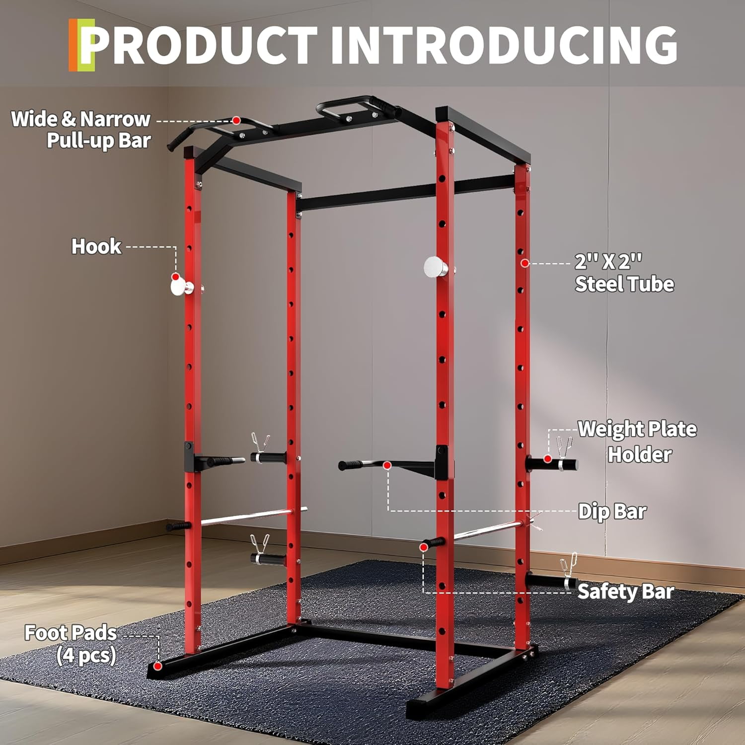 Power Cage Squat Rack with Pull-Up Bar, Dip Bars, & Adjustable Safety Bars, Strength Training for Home Gym 1100 lb Capacity