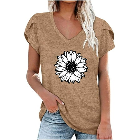 

Spring Tops Womens 2023 Fashion Women s Summer V-Neck Short Sleeve Print Casual T-shirt Blouse Birthday Tops for Women Khaki S