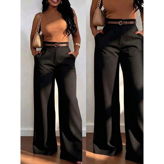 Women's High Waist Straight Leg Pants, Flowy Loose Fit Trousers with Pockets for Work, Office, Everyday & Casual Wear