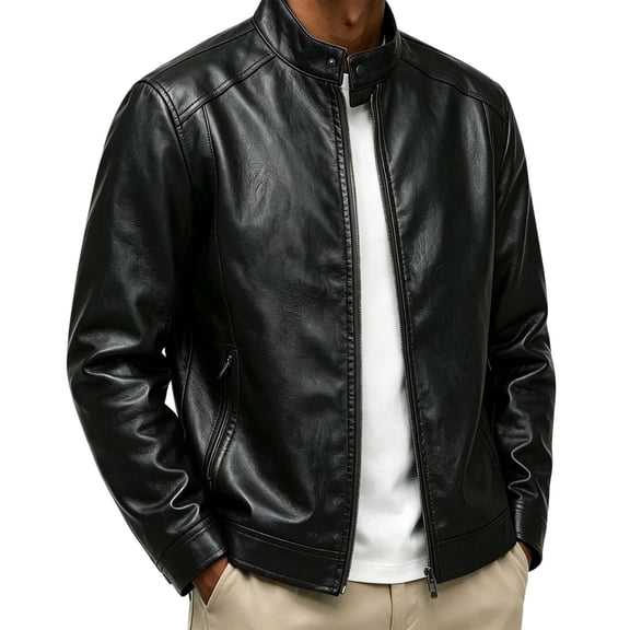 WIZUTIZ Men's Leather Jacket Solid Color Motorcycle Vintage Zipper Pocket Long Sleeve Hoodless PU Coat for Winter Casual Daily Outdoor Mens Fashion