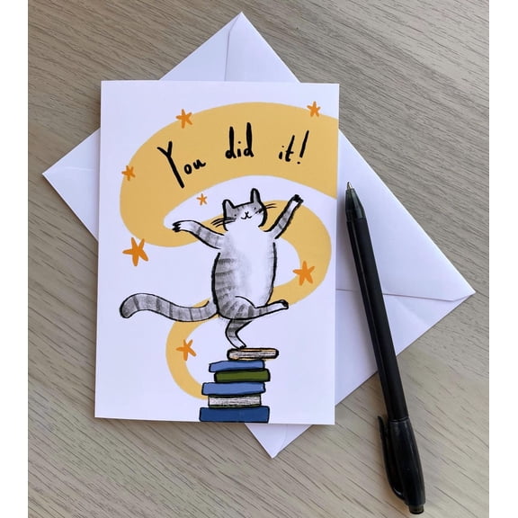 You Did It! Cat Greeting Card – Celebrate Achievements with Fun and Whimsical Design – Includes Envelope – Perfect for Graduation, Promotions, and Big Moments