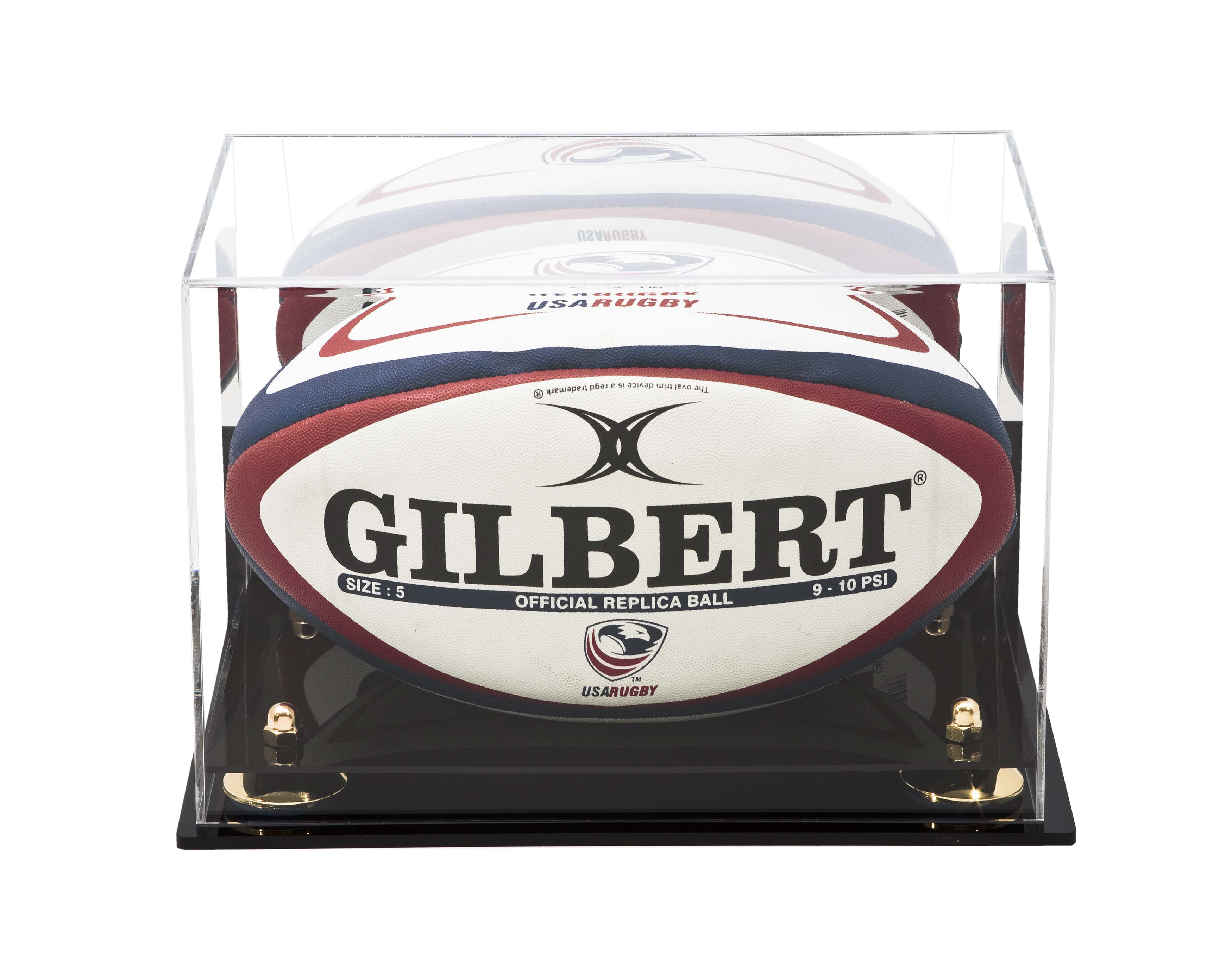 Deluxe Acrylic Rugby Ball Display Case with Gold Risers Mirror and Wall