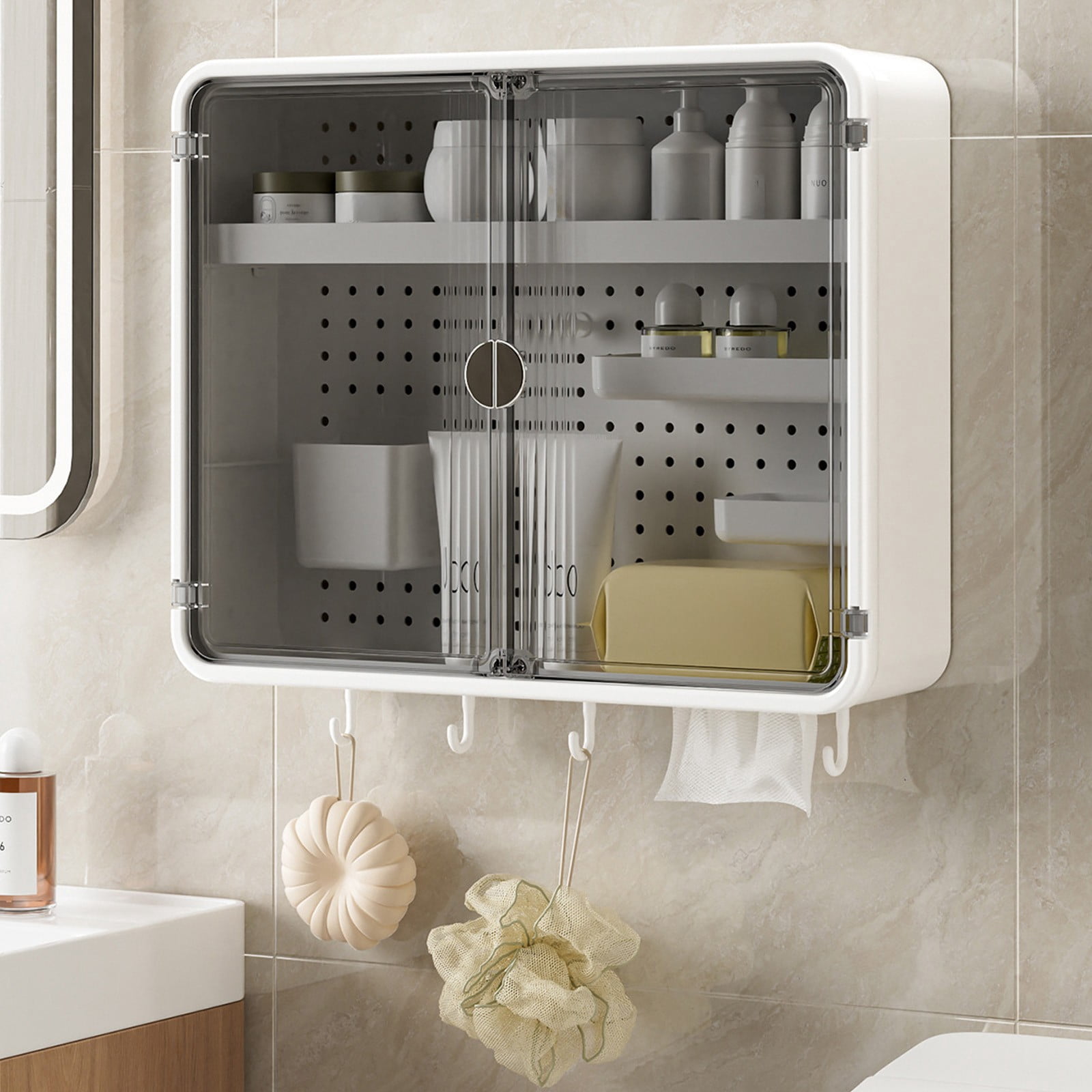 Homenest Bathroom Wall Mounted Storage Cabinet with Pegboard, Adhesive Medicine Cabinet, Over Toilet Organizer with Magnetic Doors for Bathroom, Kitchen, Entryway