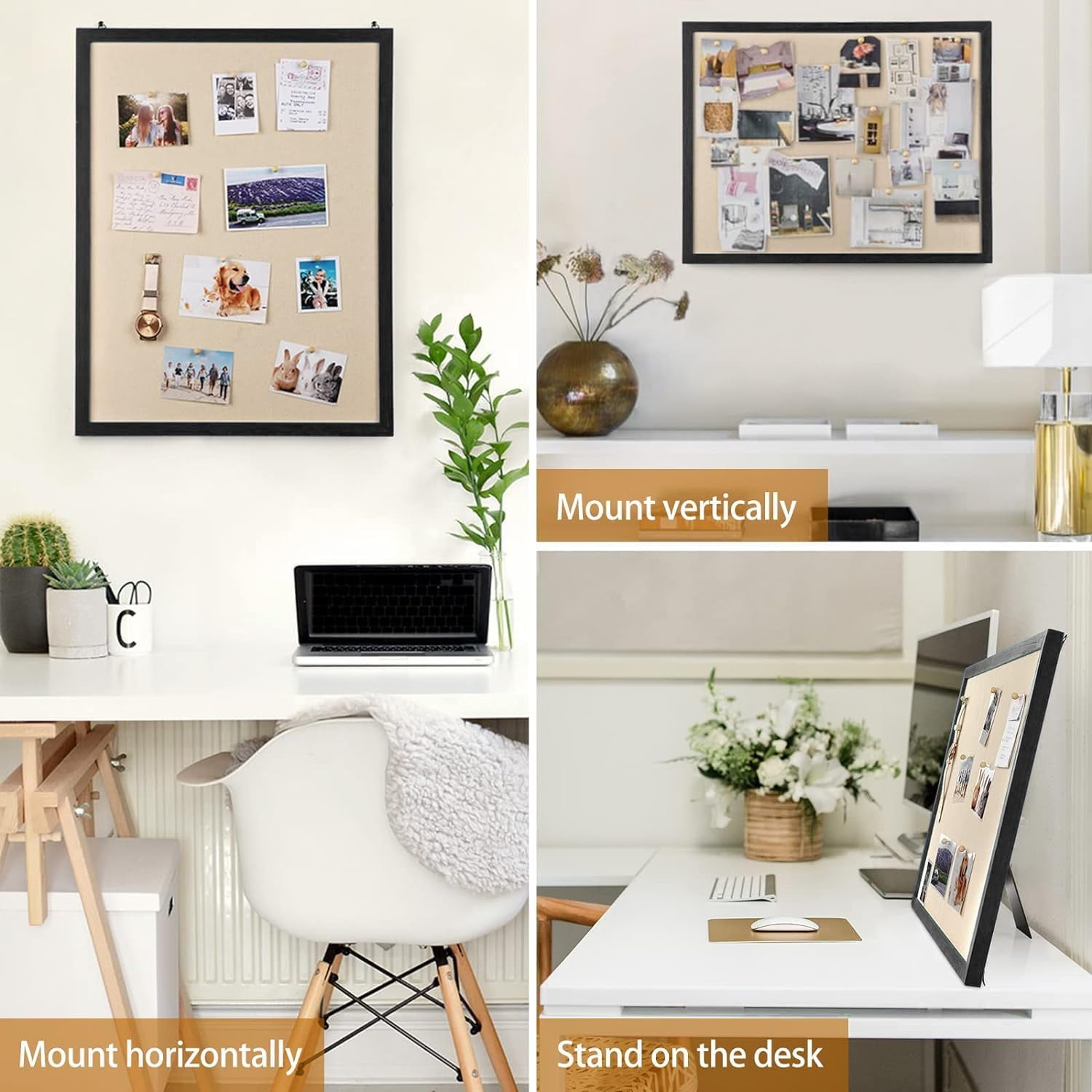 Large Bulletin Board 23x18 inch with Linen Wood Boards Wall Decor Hanging Pin Wood Framed Display Bulletin Cork Photo Picture Board Light for Room School Office,Black