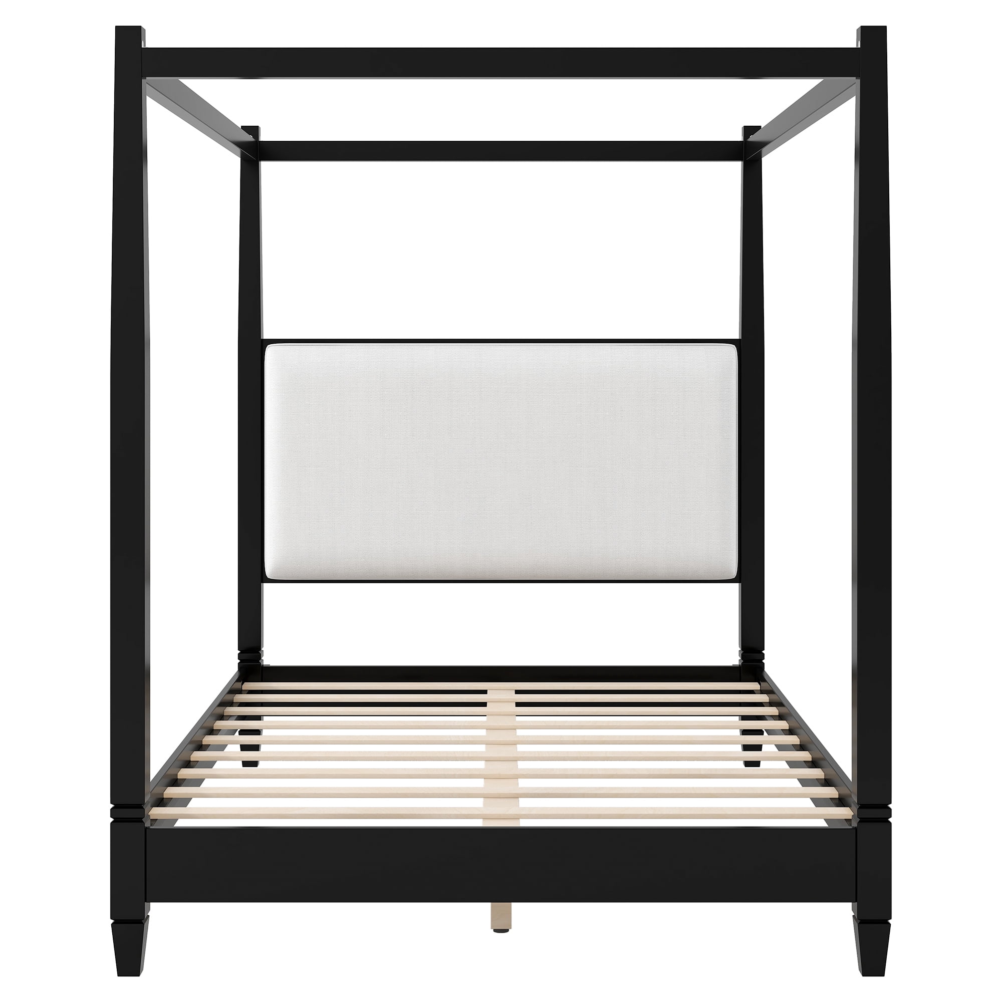 Euroco Wood Queen Size Canopy Platform Bed with Upholstery Headboard, Black