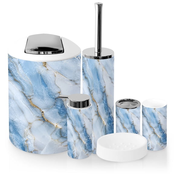Bathroom Accessory Set 6 Piece with Blue White Marble Golden Accents Toothbrush Holder, Soap Dispenser, Soap Dish, Trash Can with Lid, Toothbrush Cup, Toilet Brush Holder