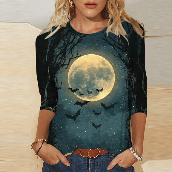Uootdi Womens Blouses Three Quarter Sleeve Dark Scenery Halloween Graphic Womens Halloween Costume Relax Fit Family Gathering T Shirt Blouses