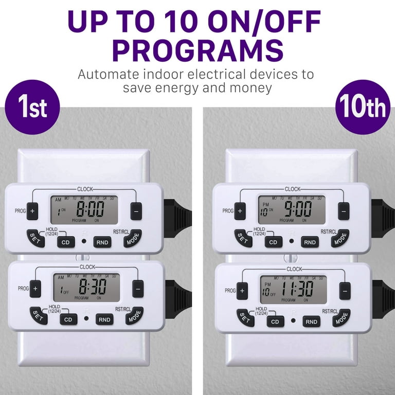 24 Hour Programmable Digital Timer Outlet (2 Pack), ON/OFF Program