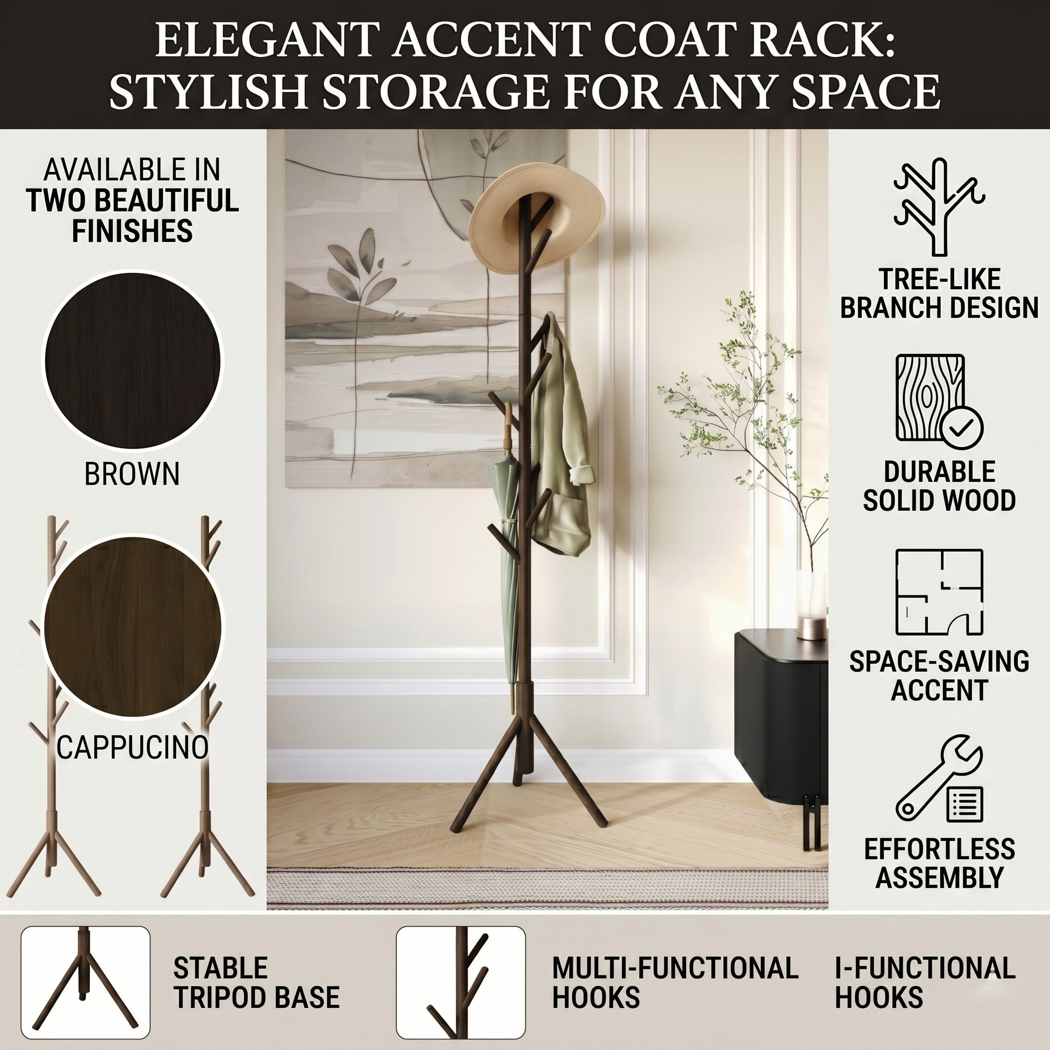 Home Design Houma Solid Wood Freestanding 8-Hook Coat Rack, Brown – Entryway, Hallway, Bedroom Organizer for Jackets & Hats
