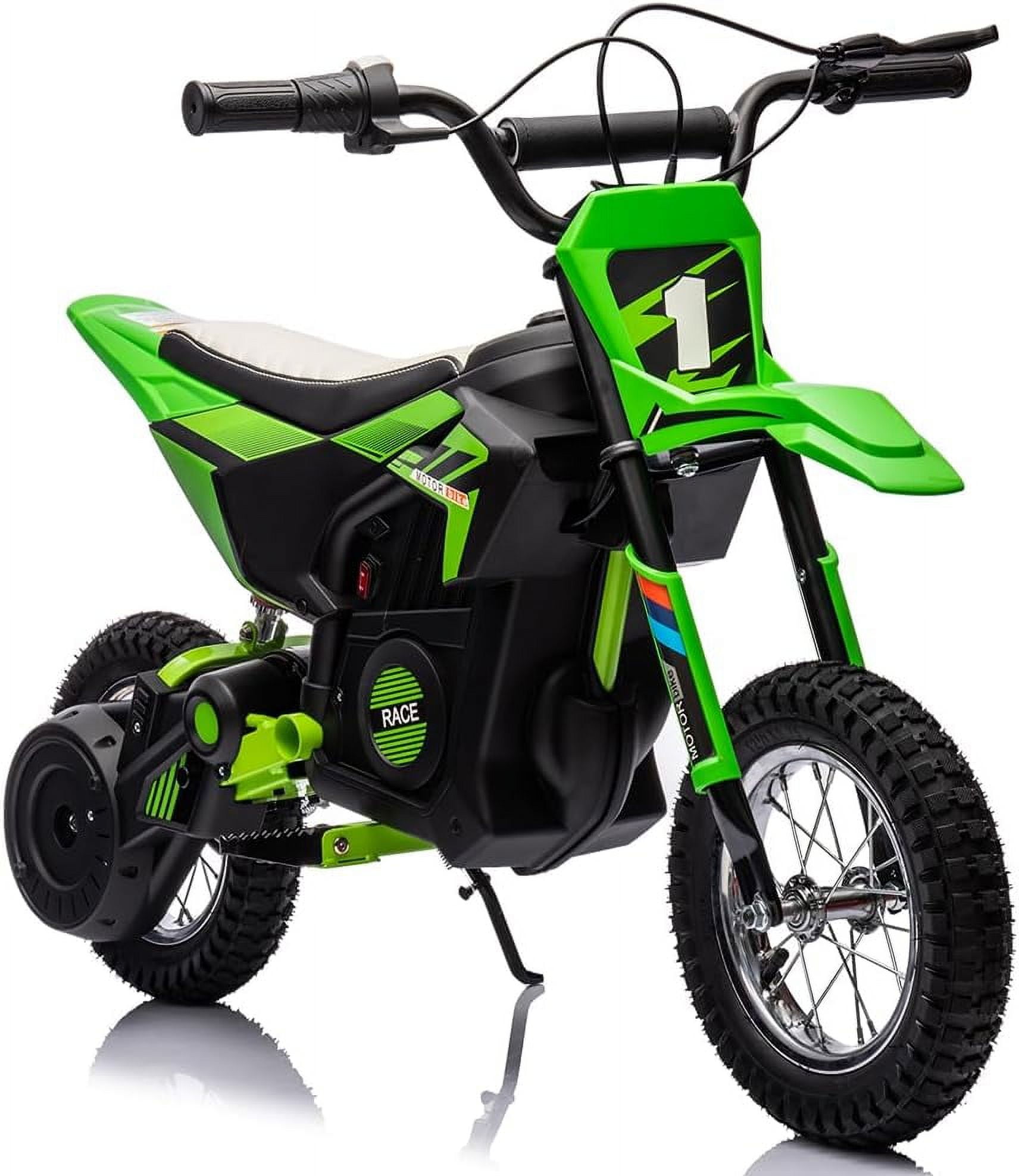Rugerasy 24V Ride on Motorcycle for,13.6MPH Fast Speed Electric Battery-PoweRed Off-Road Motocross with 250W Strong Motor,Chain-Driven,Leather Seat,Disc Brake,Air-Filled Tires for Teens,Green
