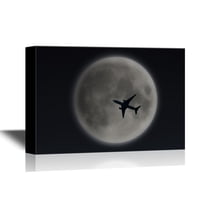 wall26 - Canvas Wall Art - Airplane Playing in The Night Sky Under The Moon - Gallery Wrap Modern Home Art | Ready to Hang - 12x18 inches