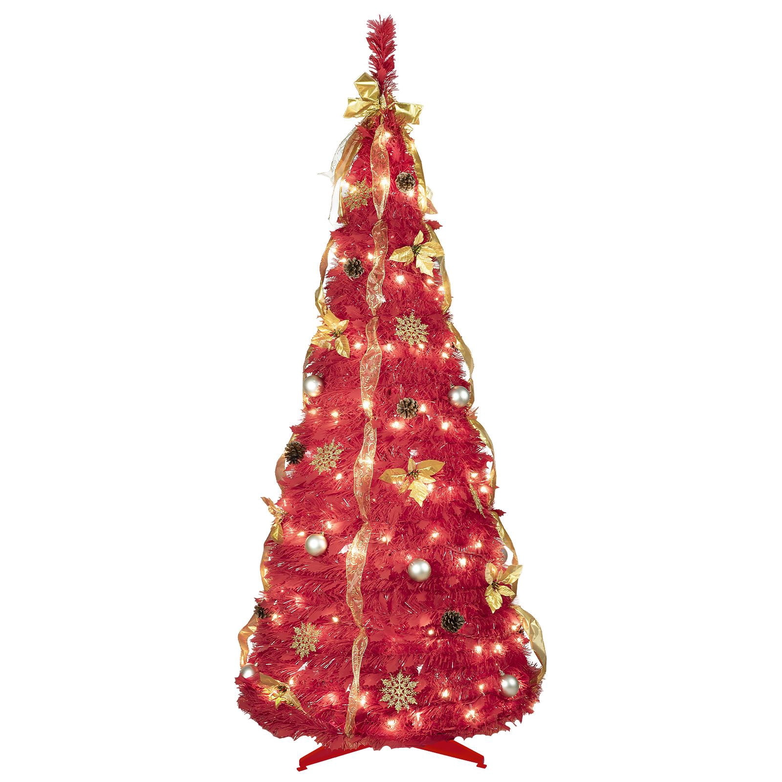 6FT Prelit Full Pop Up Christmas Tree with 150 Warm LED Lights, Gold and Red Ribbon, Bows, Balls Ornaments Collapsible Xmas Trees Holiday Party Decor