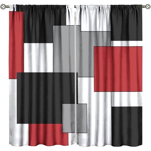 Geometric Red Curtains, Modern Abstract Checkered Black Grey White Print for Room Window Decor, Rod Pocket Blackout Drapes for Living Room Bedroom Kitchen 2 Panel Set 21" W X 63" L