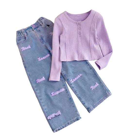 Zanarzt Girls Cute Clothes Girl Long Sleeve Round Neck Top with Denim Pants Two Piece Set Cute Clothes Purple,4-5 Years